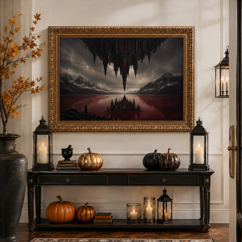 Toile murale surréaliste représentant un château gothique à l'envers surplombant le lac rouge, idéale pour l'Halloween
