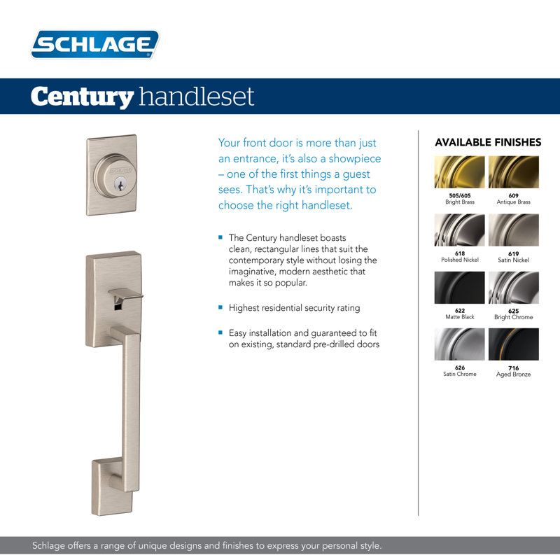 Century Handleset with Deadbolt and Merano Door Lever and Rosette, Satin Nickel, Left Hand