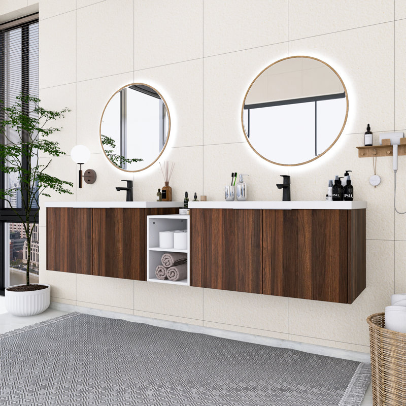 Meuble-lavabo flottant de 84 po avec petites tablettes de rangement, lavabo en résine intégré, armoire combinée 36 po et 12 po et 36 po, noyer californien