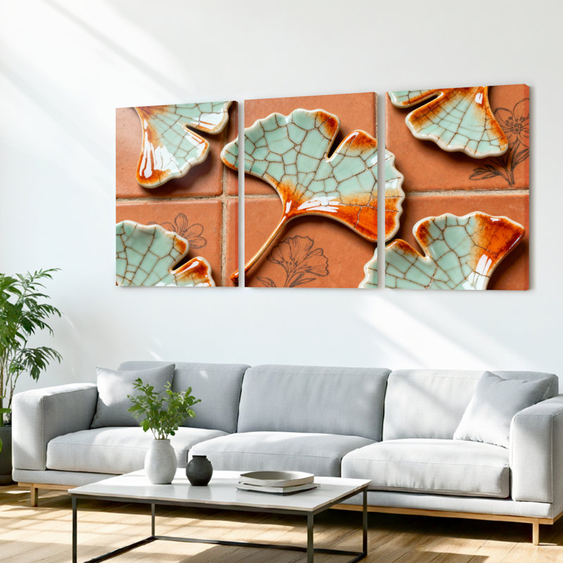 «Ginkgo Leaf», motif de carreaux de céramique sur toile, impression botanique moderne (ensemble de 3), H 30 po x l 60 po