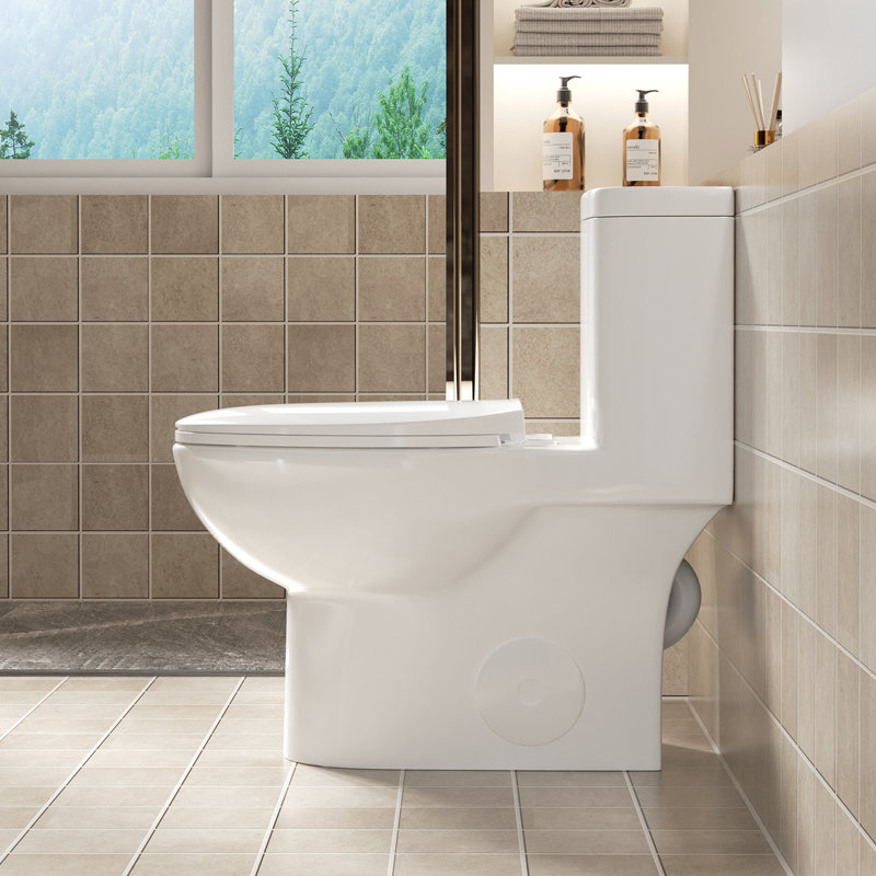 Bathroom Toilet With 1.1/1.6 Dual Flush System, 17 - Inch Height, Rimless Siphon Technology, 360 All Around Wash, Soft Closing Seat, 12 Inch Rough In And Gloss White Finish One Height Comfort Close