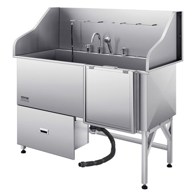 VEVOR 61" Stainless Steel Dog Grooming Tub with Foldable Ramp, Hot & Cold Faucet, and Storage Cabinet