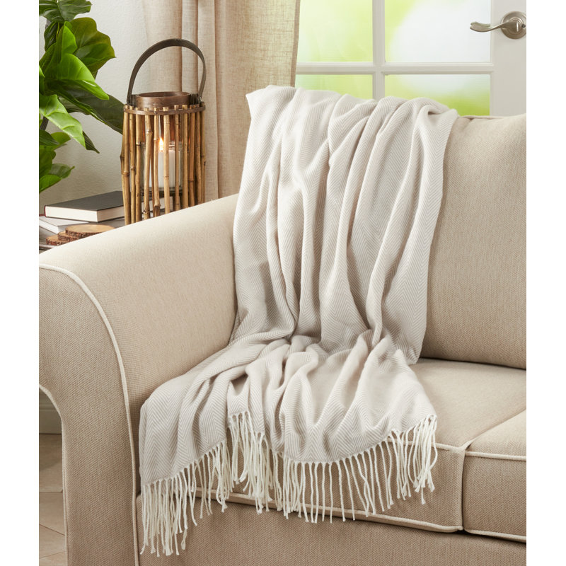 Elegant Herringbone Throw Blanket with Tassel Fringe - Camel 50"x60"