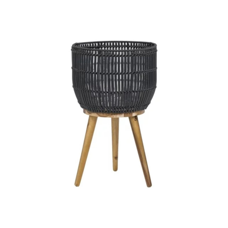  Black Round Resin Planter & Stand Set With Wood Legs