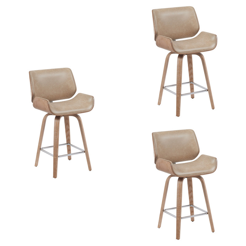 Alli Swivel Faux Leather  with Wood Legs and Metal Footrest, Counter Stool (26" Seat Height), Brown, 3