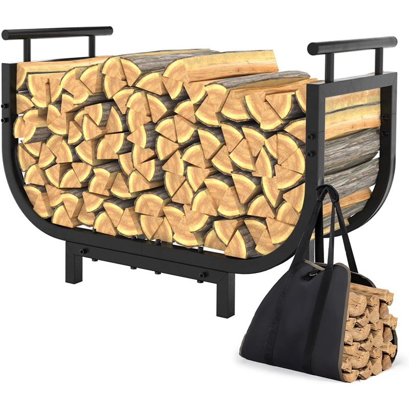 Support extérieur pour bois de chauffage avec sac de transport 600D, support en bois robuste inclus, poignées ergonomiques, support de bûches d'intérieur d'une capacité de charge de 330 lb, support de rangement pour le bois de chauffage