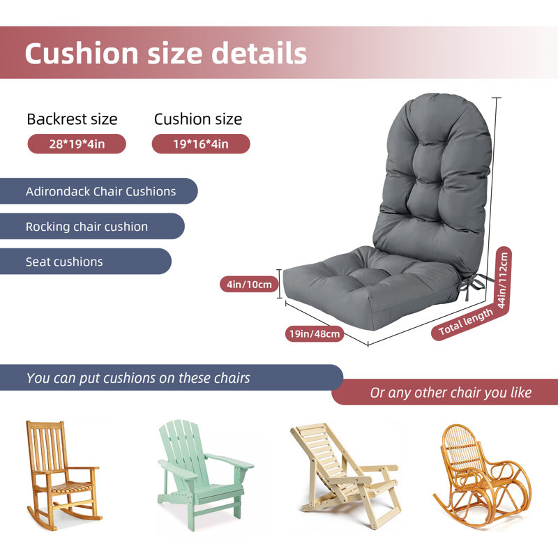 No-Slip Adirondack Chair Cushion - Secure Fit One-Piece Design, 4 Inch Thick Waterproof Outdoor Cushion for Rocking Chairs with UV Protection, 44x19 Inches, Gray
