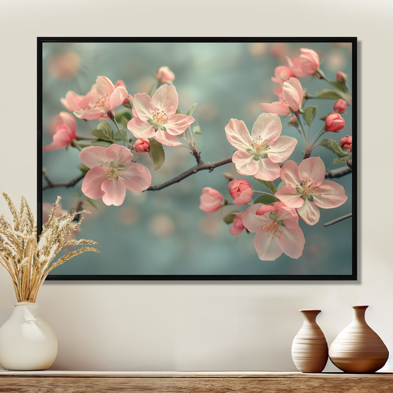 Fleurs de pommier rose et gris I - Art mural, H 30 po x l 40 po, Cadre flottant noir, bois massif