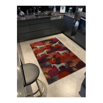 Dark Toned Multi Colored Horse and Tree Patterned Creative Modern Decorative Rug Machine Washable