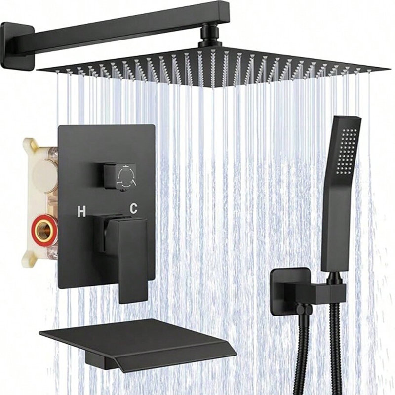 Robinet de douche à pluie 12 "avec douchette de baignoire haute pression, Noir mat