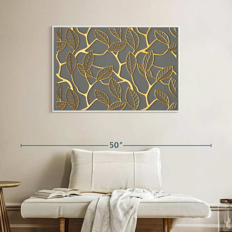 Treillis feuilles d'or, Cadre flottant blanc, 40 po x 27 po