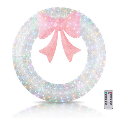 Couronne de Noël argentée éclairée 60 po avec nœud rose multicolore et mode