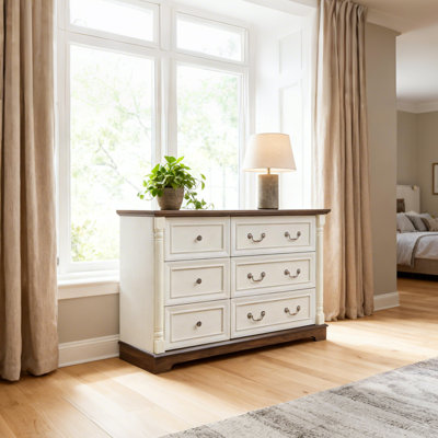 6-Drawer Dresser, Two-Tone Vintage Chest of Drawers with Solid Wood Columns