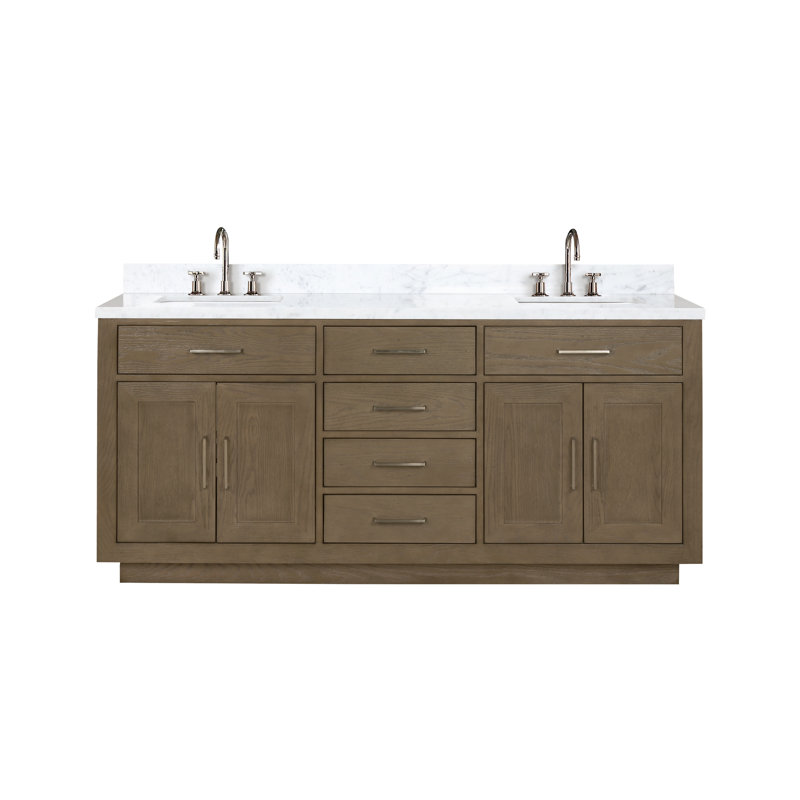 Ensemble de meuble-lavabo double en chrome l 72 po x P 22 po Abbey, Chêne gris, Marbre de Carrare blanc