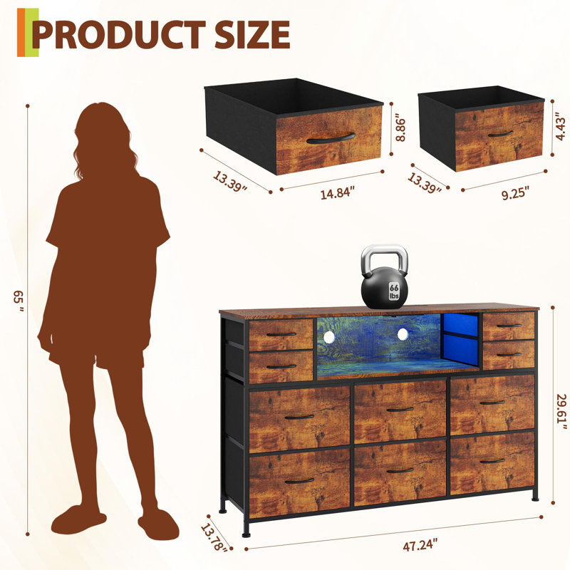 10 Drawer Fabric Dresser, TV Stand with RGB LED Lights & Power Outlet for 45"-55" TV, Brown