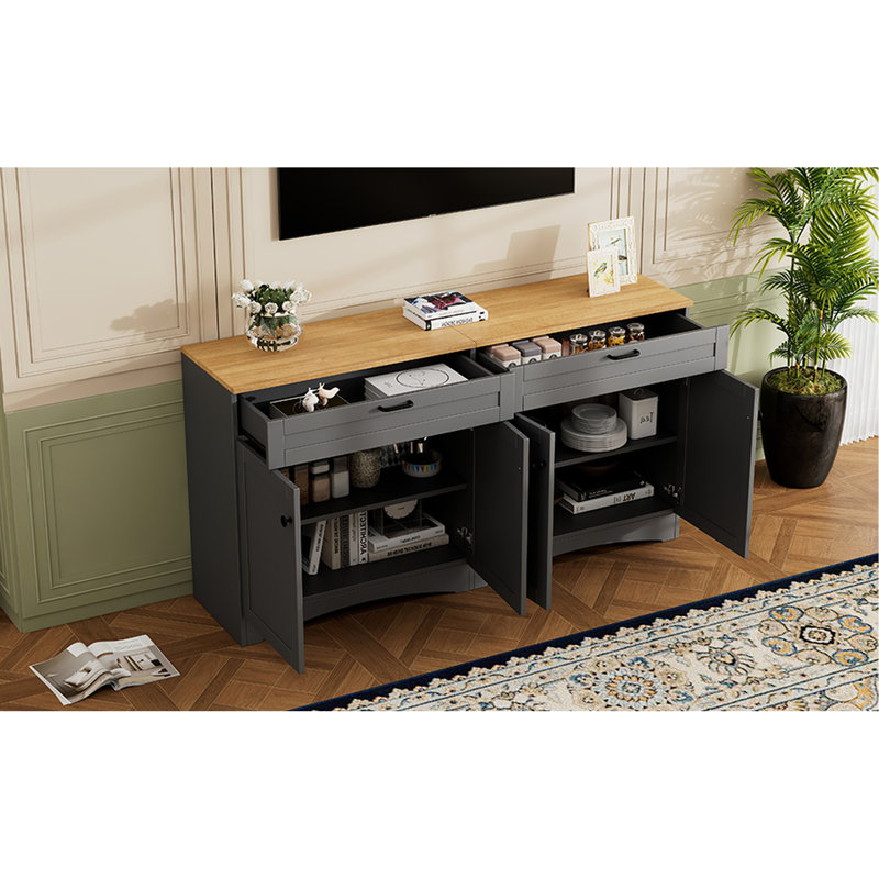 Meuble télé pour téléviseurs de 70 pouces, gris au charme rustique, avec 2 tiroirs et étagères réglables, buffet pour sous-sol