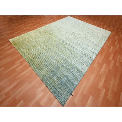 9'x12'2" Lemon Yellow, Modern, Mid Century Inspired Grid and Line Design, Wool & Pure Silk, Hand Knotted Oriental Rug