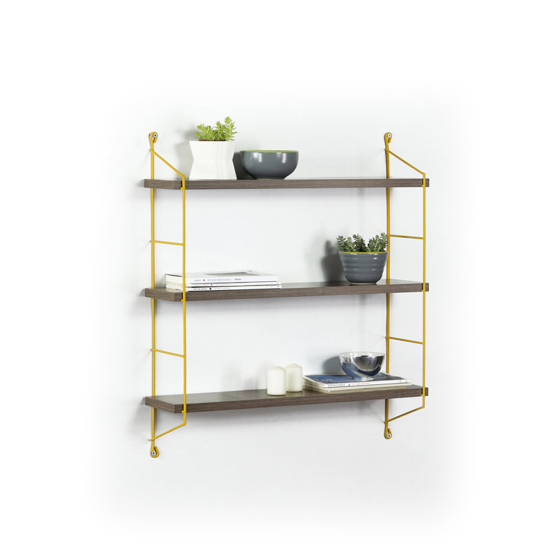 Pratique 3 tablettes murales en noyer avec cadre en métal jaune - pour organiser des livres ou des plantes., Noyer