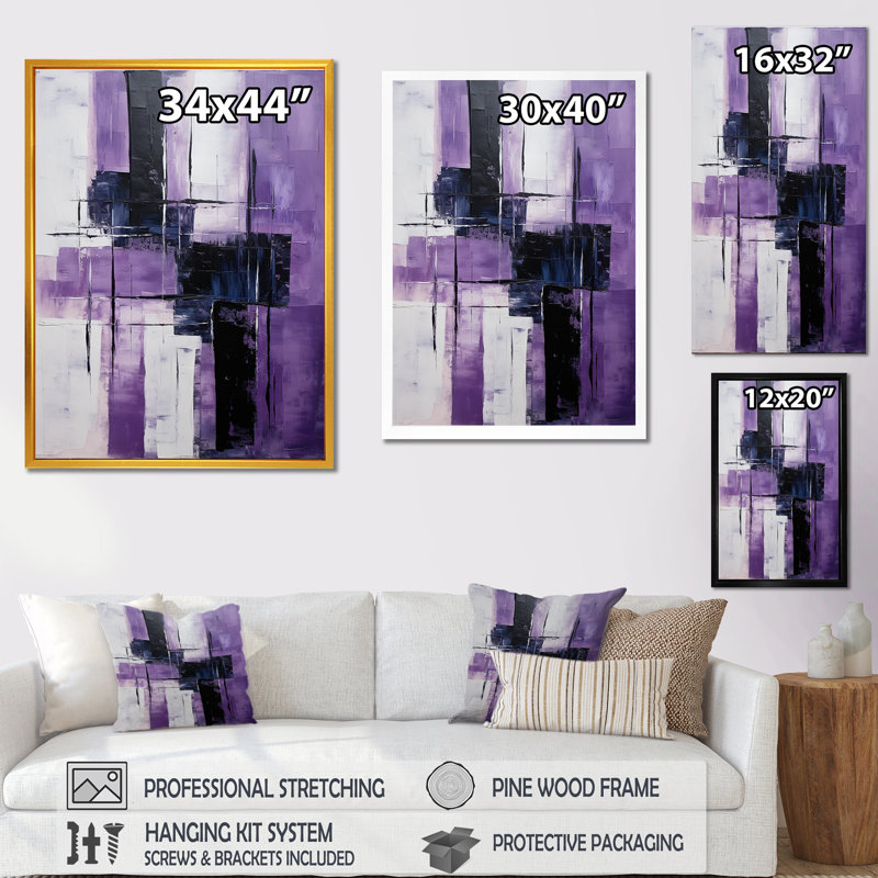 Tachisme mauve, cubisme, brosse 5 - Tachisme, art mural, Cadre simple noir, H 20 po x l 12 po x P 1 po