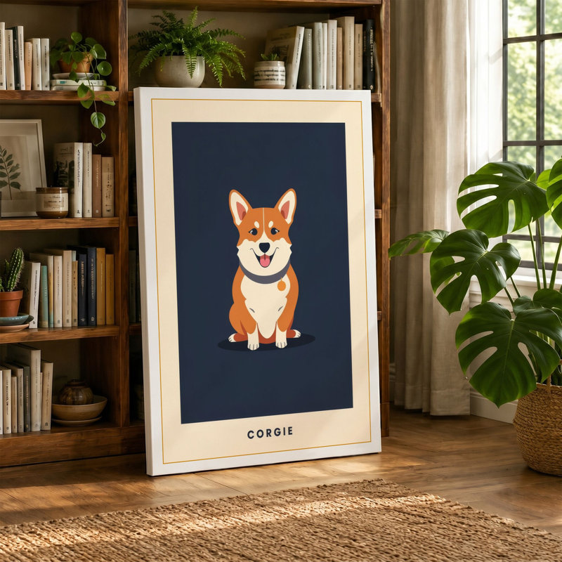 Cheerful Corgi Modern - Wrapped Canvas, 36x24 - 91.4 x 61.0 cm, Teal Border
