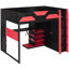Lit mezzanine double rouge avec bureau de jeu, bande, charge et espace de rangement compact pour une petite chambre à coucher-129943949