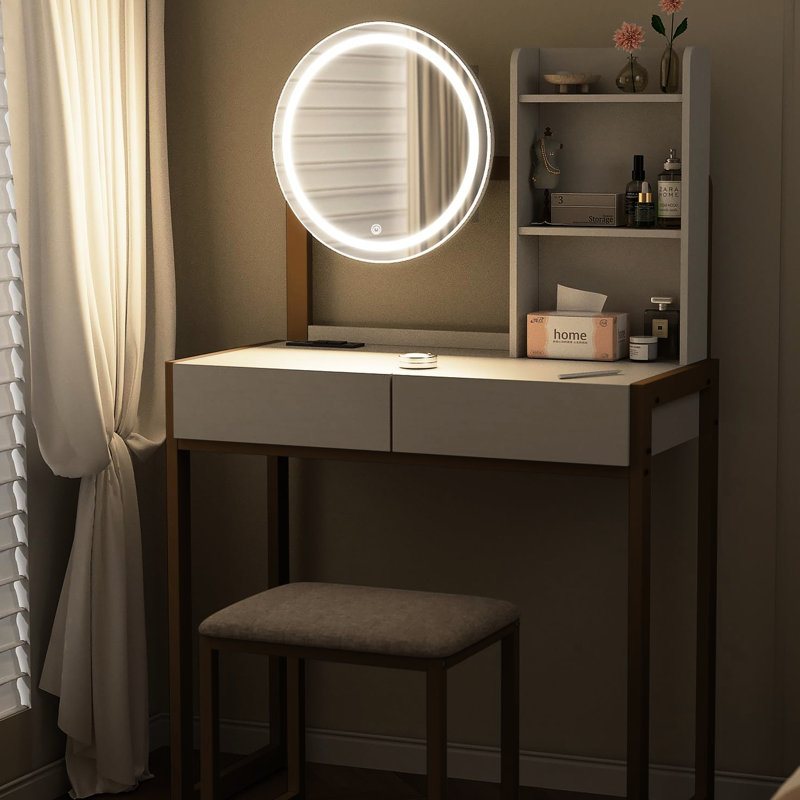 Coiffeuse de chambre avec 3 modes d'éclairage, prise électrique intégrée, tablettes de rangement et tabouret, table blanche et dorée avec prise électrique, tiroir confortable
