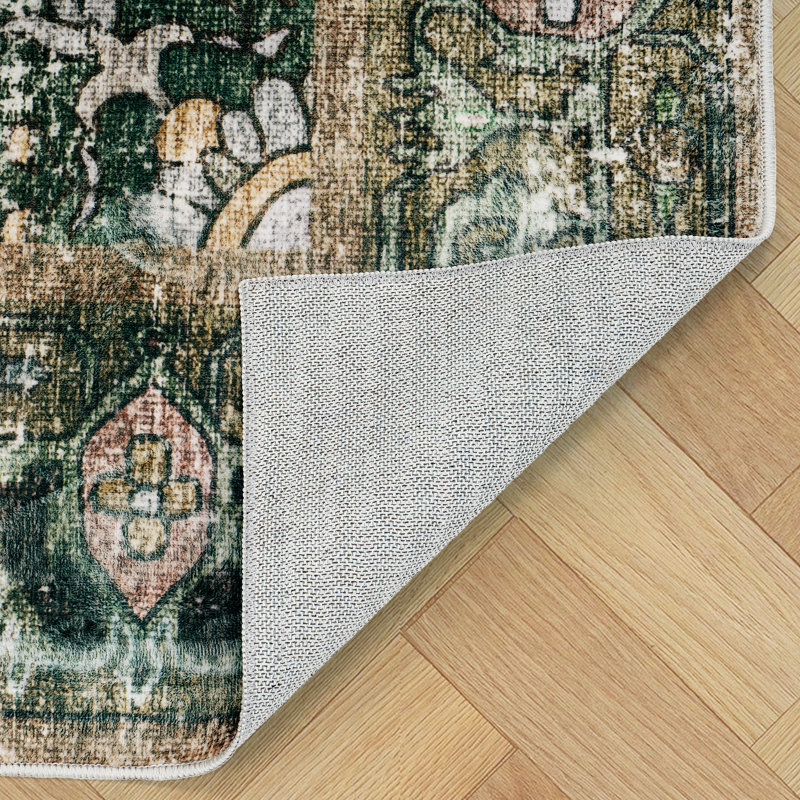 Persian-Style Machine Washable Area Rug with Non-Slip Backing – Green Floral, Rectangle 9' x 12'