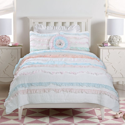  White/Blue/Pink 100% Cotton Reversible Farmhouse / Country Quilt Set