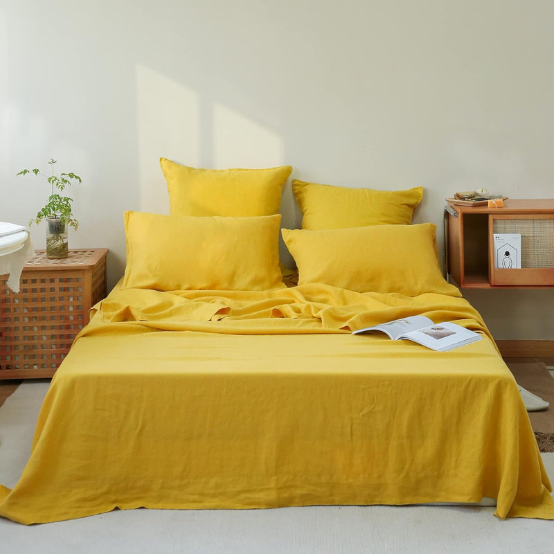 Simple&Opulence 100% Linen Sheet Set, King Sheet Set with 2 Pillowcases, Mustard Yellow