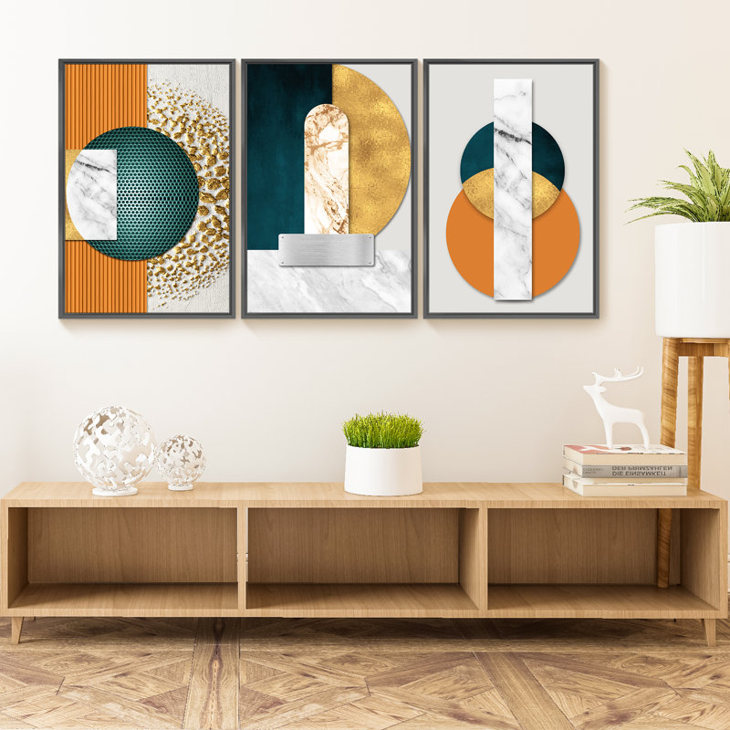 Framed Abstract Modern Wall Art by HZLJ - 3 Piece Picture Frame Print Set on Canvas, Black, 16" H x 36" W x 1.5" D