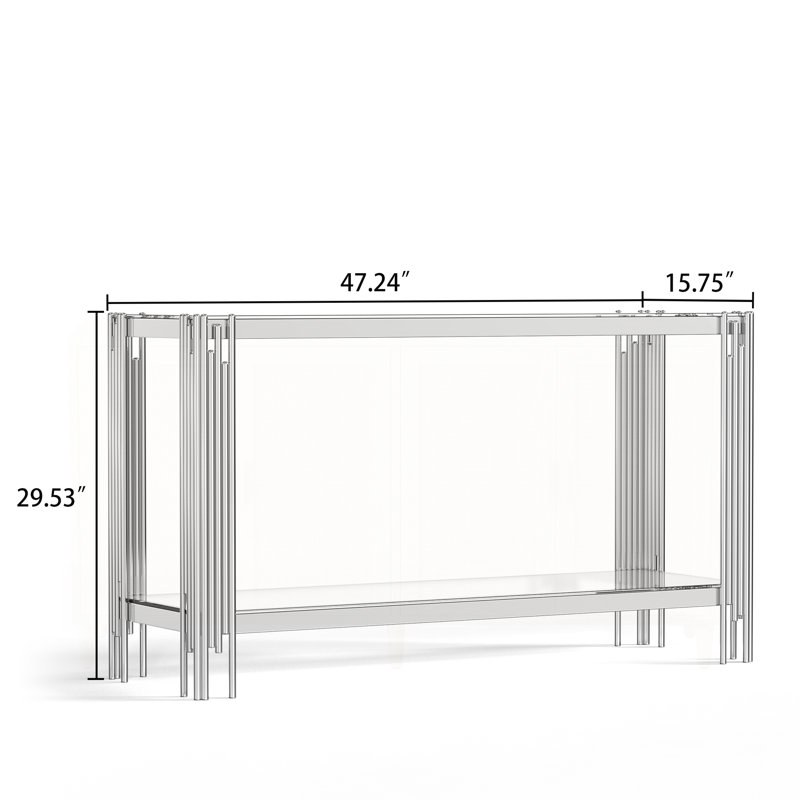 Sophisticated Double-Layer Tempered Glass Console Table with Stainless Steel Frame for Versatile Use, Clear/Silver
