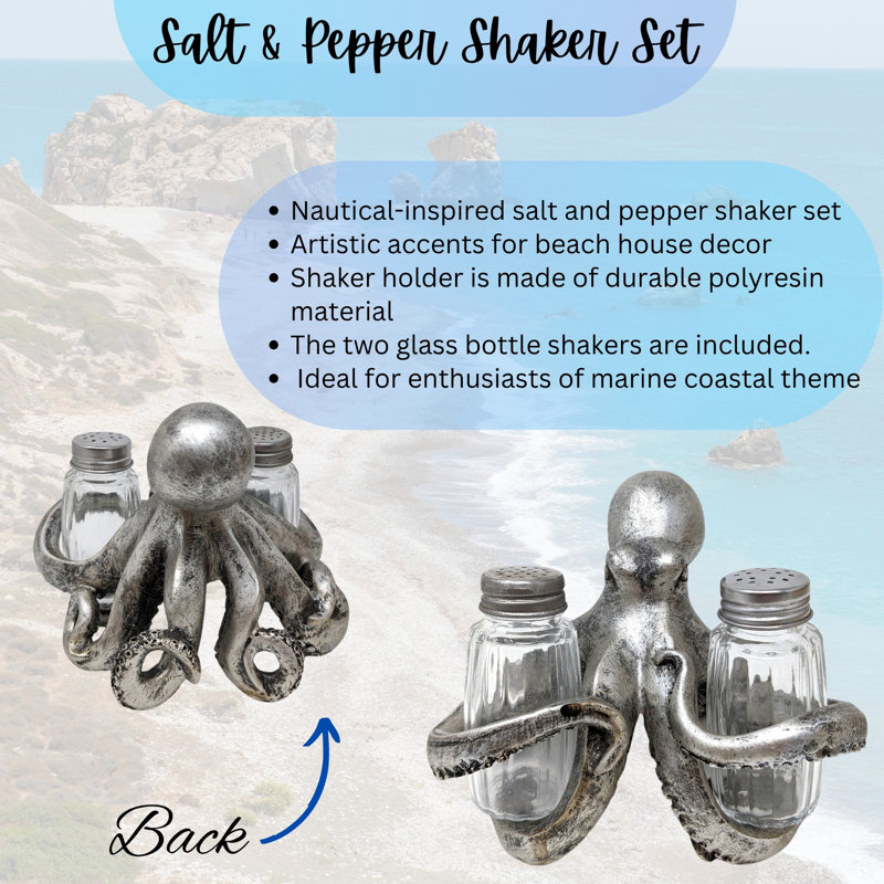 Resin Nautical Salt and Pepper Shaker Set Silver Octopus Holder Design