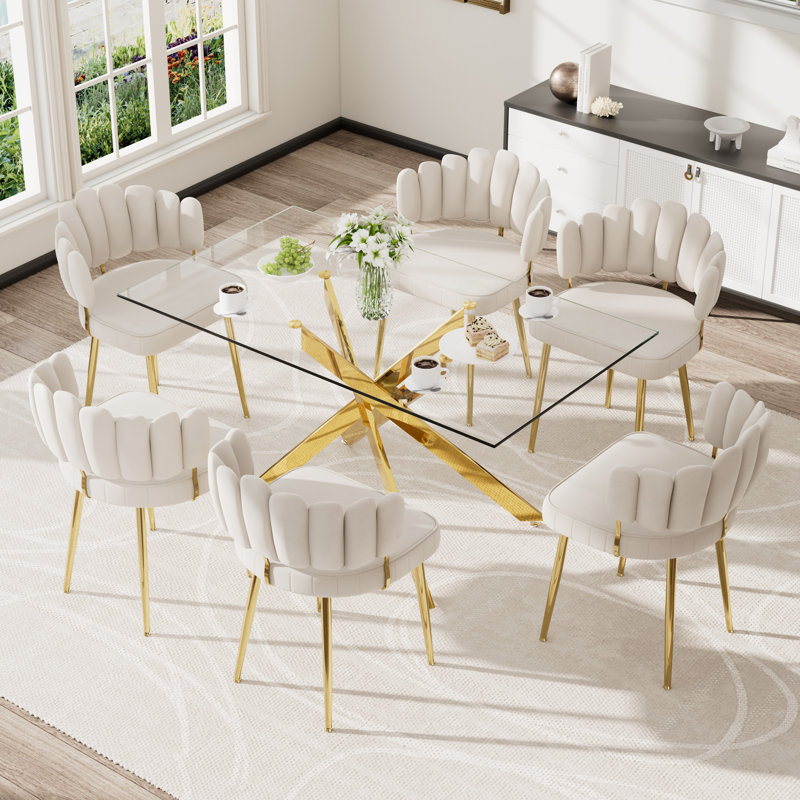 Ensemble de table de salle à manger rectangulaire moderne en verre avec chaises en velours, Beige, 5 pièces: table, 4 chaises