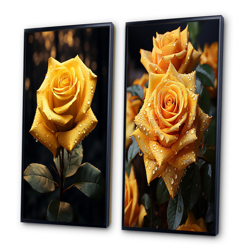 «Yellow Black Rose Elegance» - 2 pièces, Cadre noir, H 20 po x l 24 po