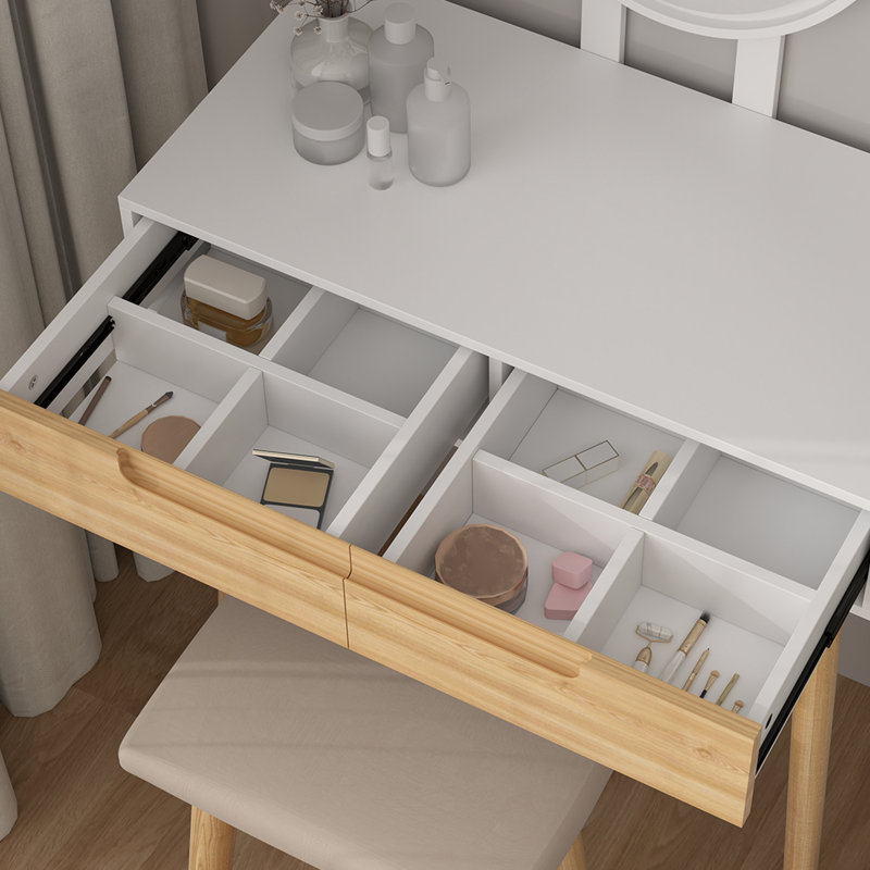 Angeligue Vanity Table Set with Adjustable Brightness Mirror and Cushioned Stool, Burlywood