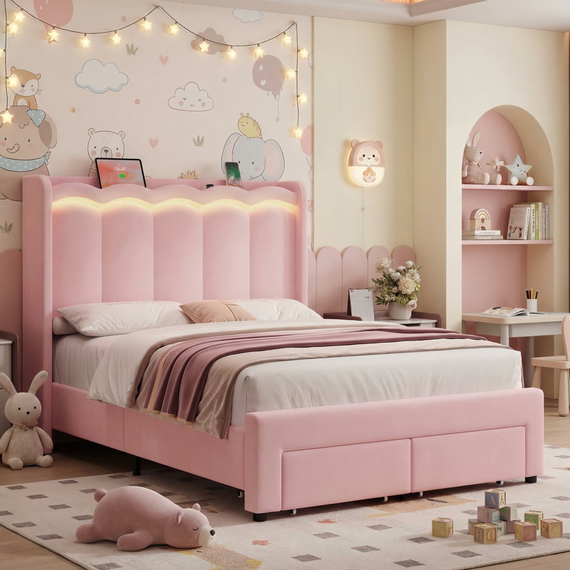 Velvet Upholstered Storage Kids Bed With LED Lights, Twin Size Platform Kids Bed With 1 Drawer, Pink, Full