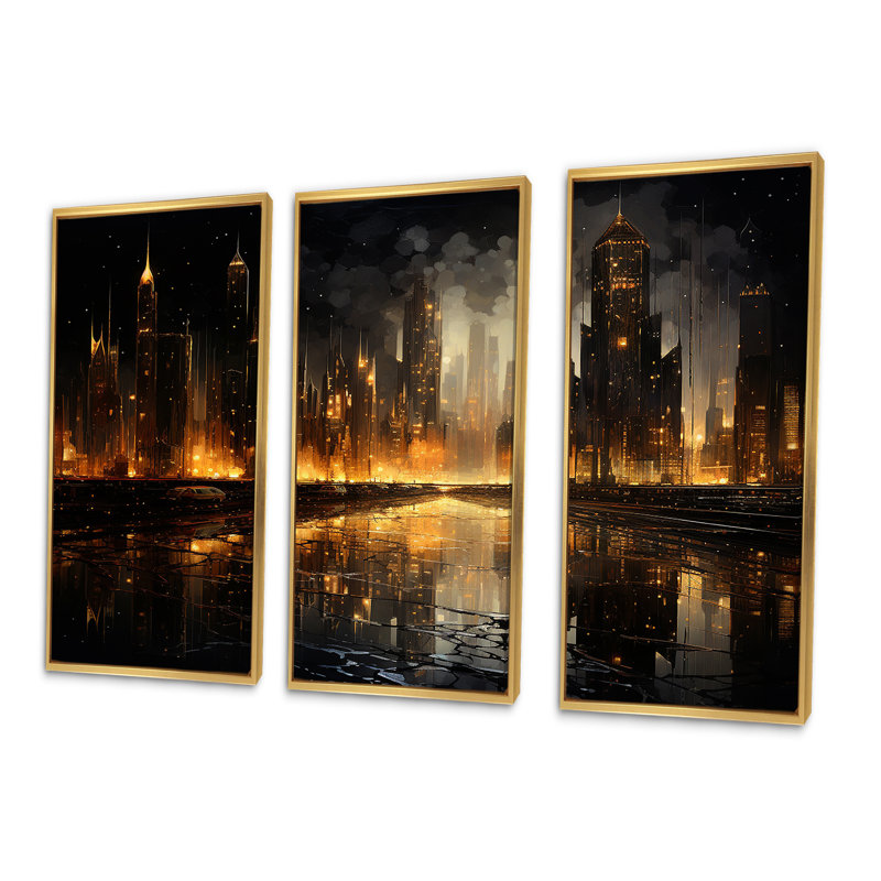 «Nyc Cityscape Night Noir - City Buildings», ensemble d'art sur toile, Cadre flottant doré, H 32 po x l 48 po x P 1 po