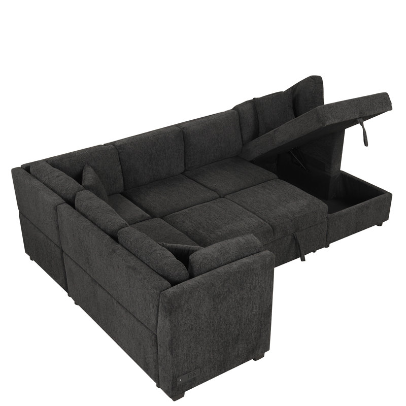 Canapé-lit modulaire en U 108,6 po avec deux ports USB, Chenille noir