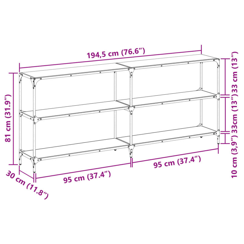 Console Table With Glass Top Steel, 81cm H x 194.5cm W x 30cm D, Transparent