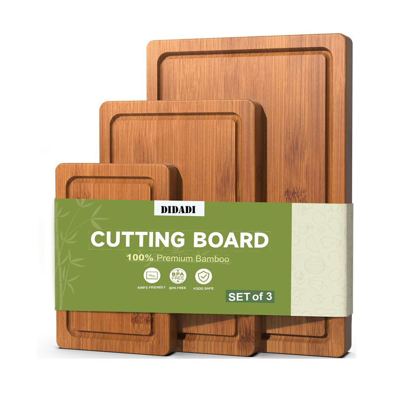 Planche à découper en bois de bambou Didadi 3 pièces pour la cuisine avec rainures à jus profond, Brun