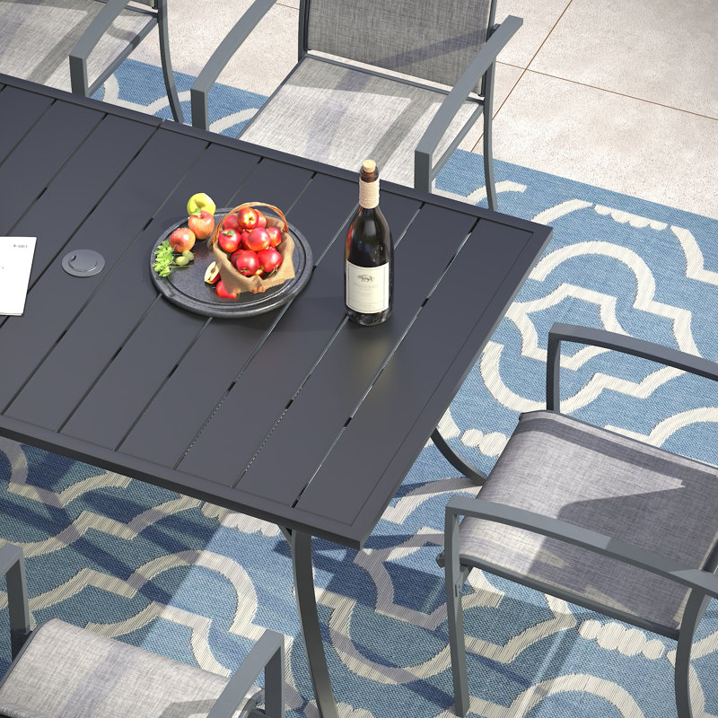 Outdoor Rectangular 6-Person Dining Set With Stackable Textilene Chairs, Gray