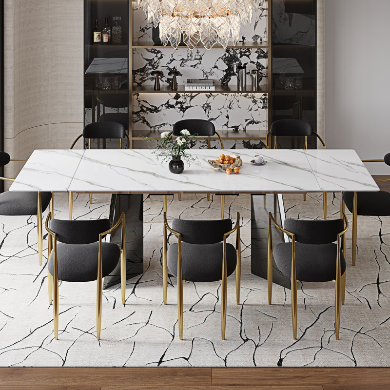 Modern Dining Table Set For 8-10 With 94.5'' Extendable Sintered Stone Dining Table And 8 Fabric Upholstered Arm Chairs