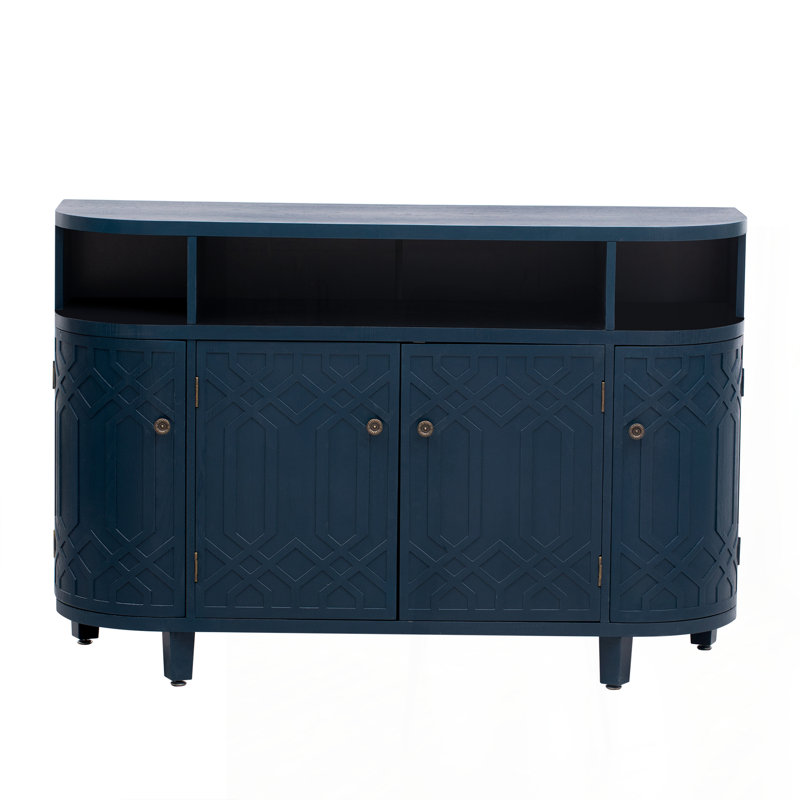 4-Door Fluted Accent Cabinet Credenza With Curvy Edge, Navy Blue
