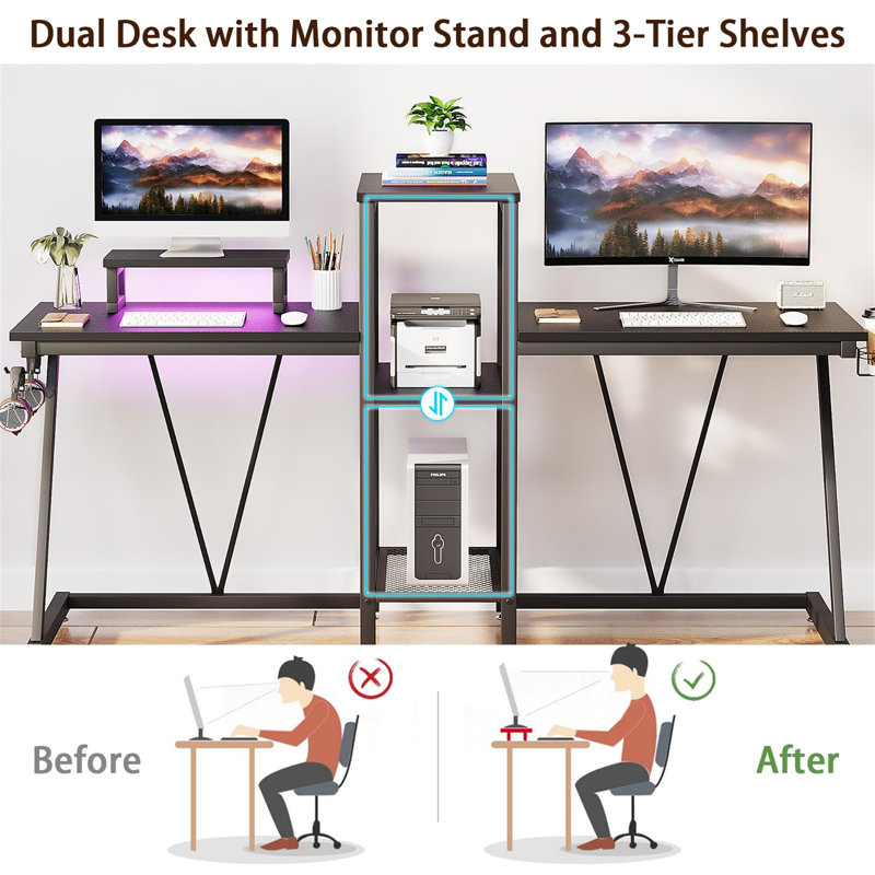 2-Person Gaming Table, Dual Computer Table With Monitor Stand And 2-Tier CPU Holder, 2 Headphone Hooks, Cup Holder
