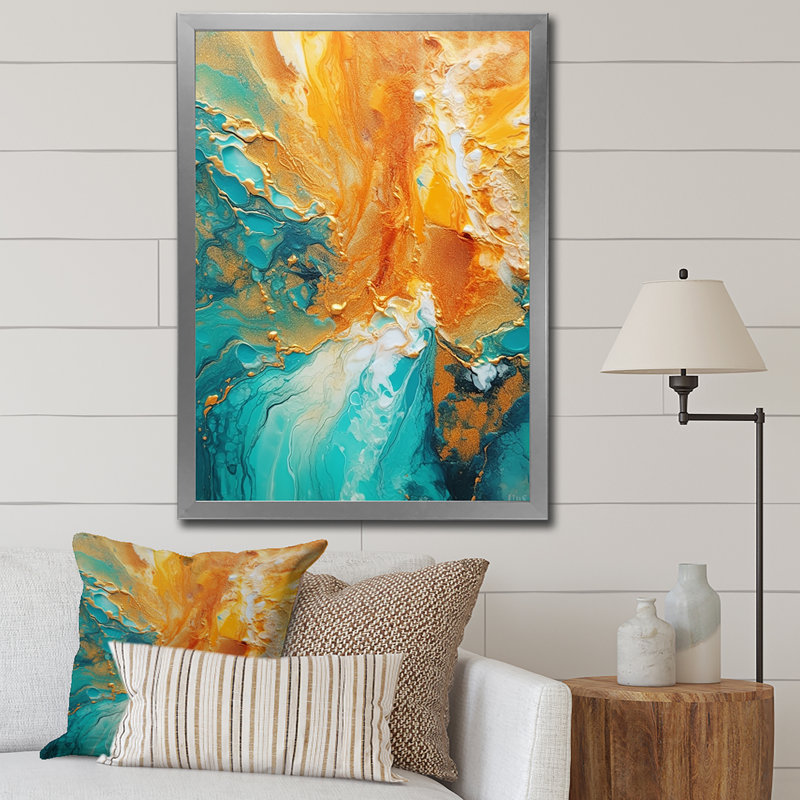 «Golden Ocean Waves Turquoise Abstract», reproduction d'art sur toile, H 20 po x l 12 po x P 1 po, Cadre simple argenté