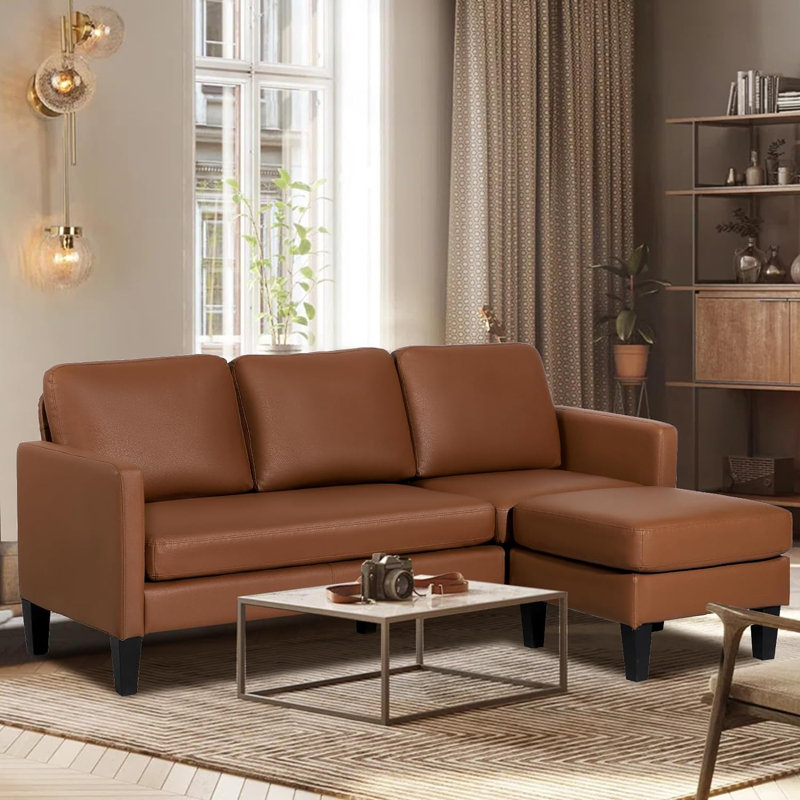 Kivita L Shaped Faux Leather Sectional Sofa with Chaise for Small Space, Brown Faux Leather
