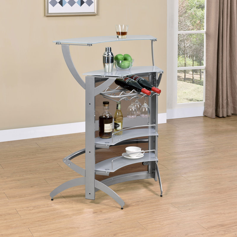 Bar à 2 tablettes Chrystophile blanc et verre givré, Argent argent