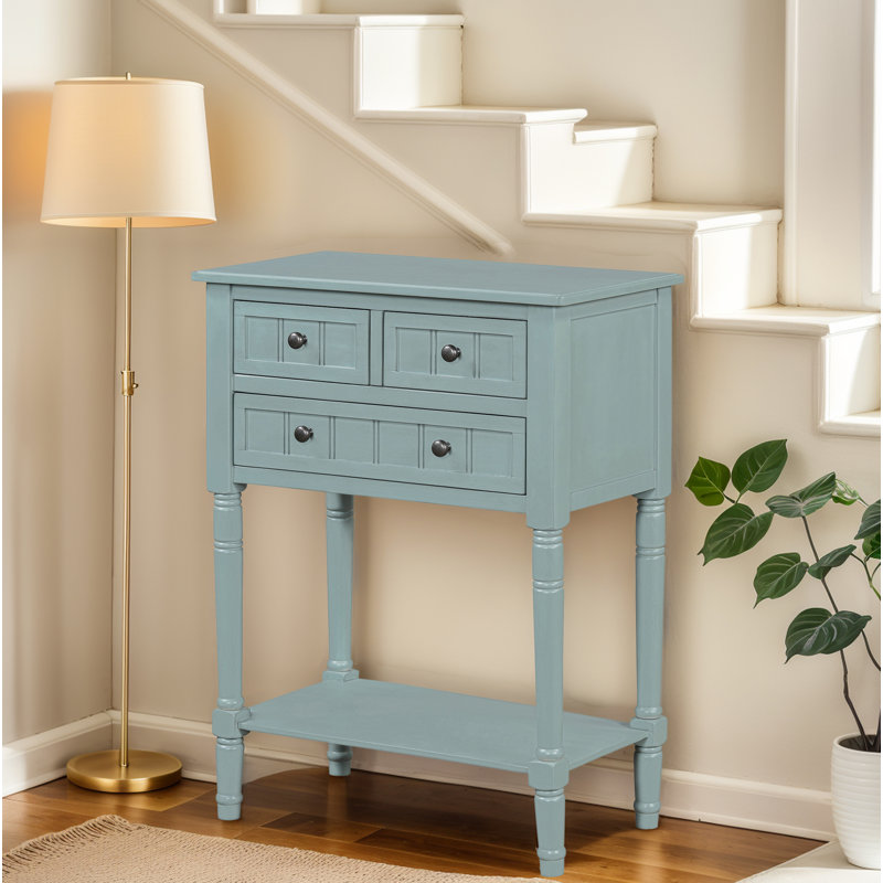 Console Table With 3 Drawers And Bottom Shelf, Light Blue