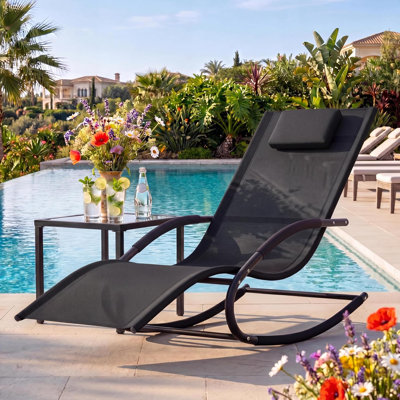 Méridienne d'extérieur, chaise longue en tissu doux et respirant Tesla, conception ergonomique fixe, chaise de piscine et de jardin avec base antidérapante, capacité de 300 lb, facile à assembler - noir