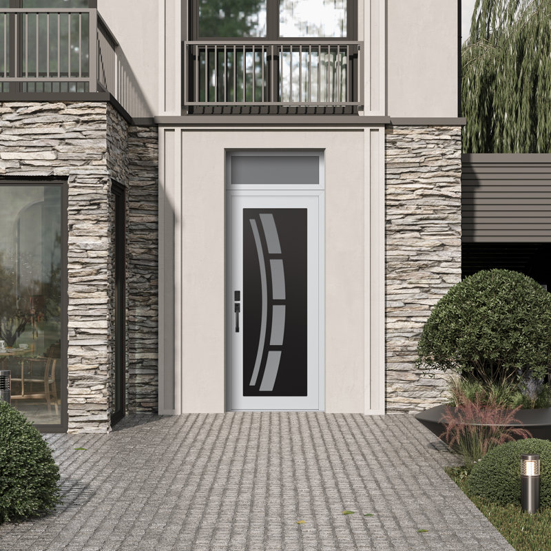 C12 droite 36 po X 96 po Panneau d'entrée en acier noir et blanc avec verre givré blanc et porte d'entrée avant en verre givré
